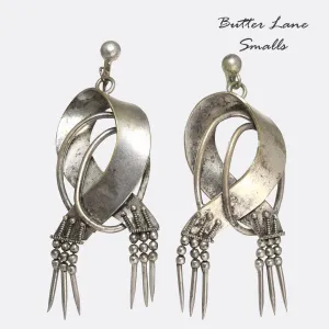 Etruscan Revival Silver Ribbon & Tassel Earrings