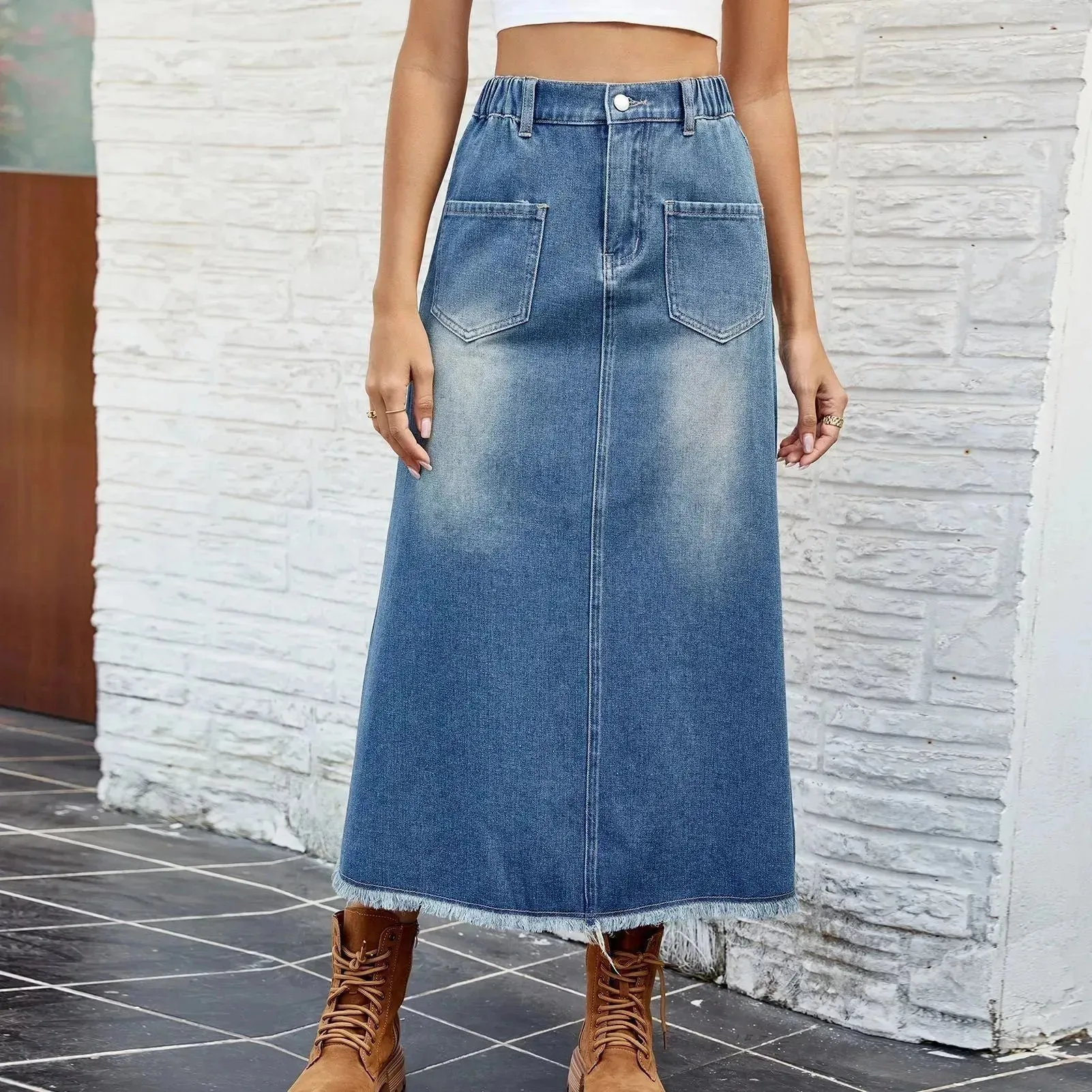 European And American Washed Frayed Hem Blue Denim Midi Skirt