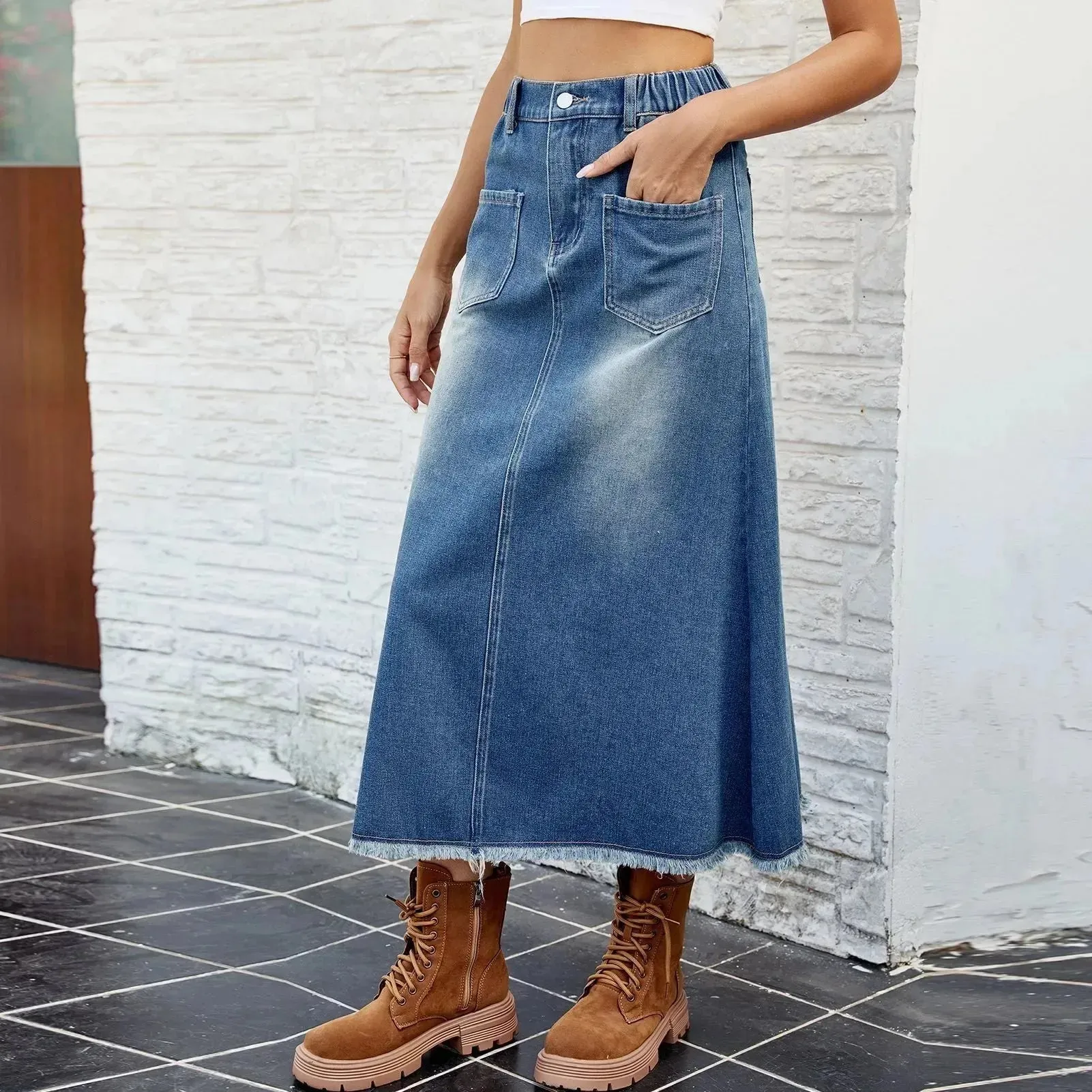 European And American Washed Frayed Hem Blue Denim Midi Skirt
