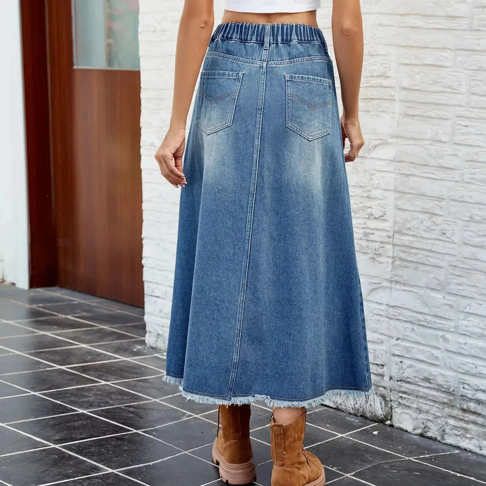 European And American Washed Frayed Hem Blue Denim Midi Skirt