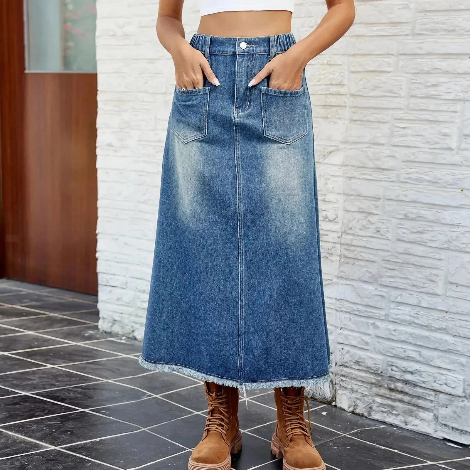 European And American Washed Frayed Hem Blue Denim Midi Skirt