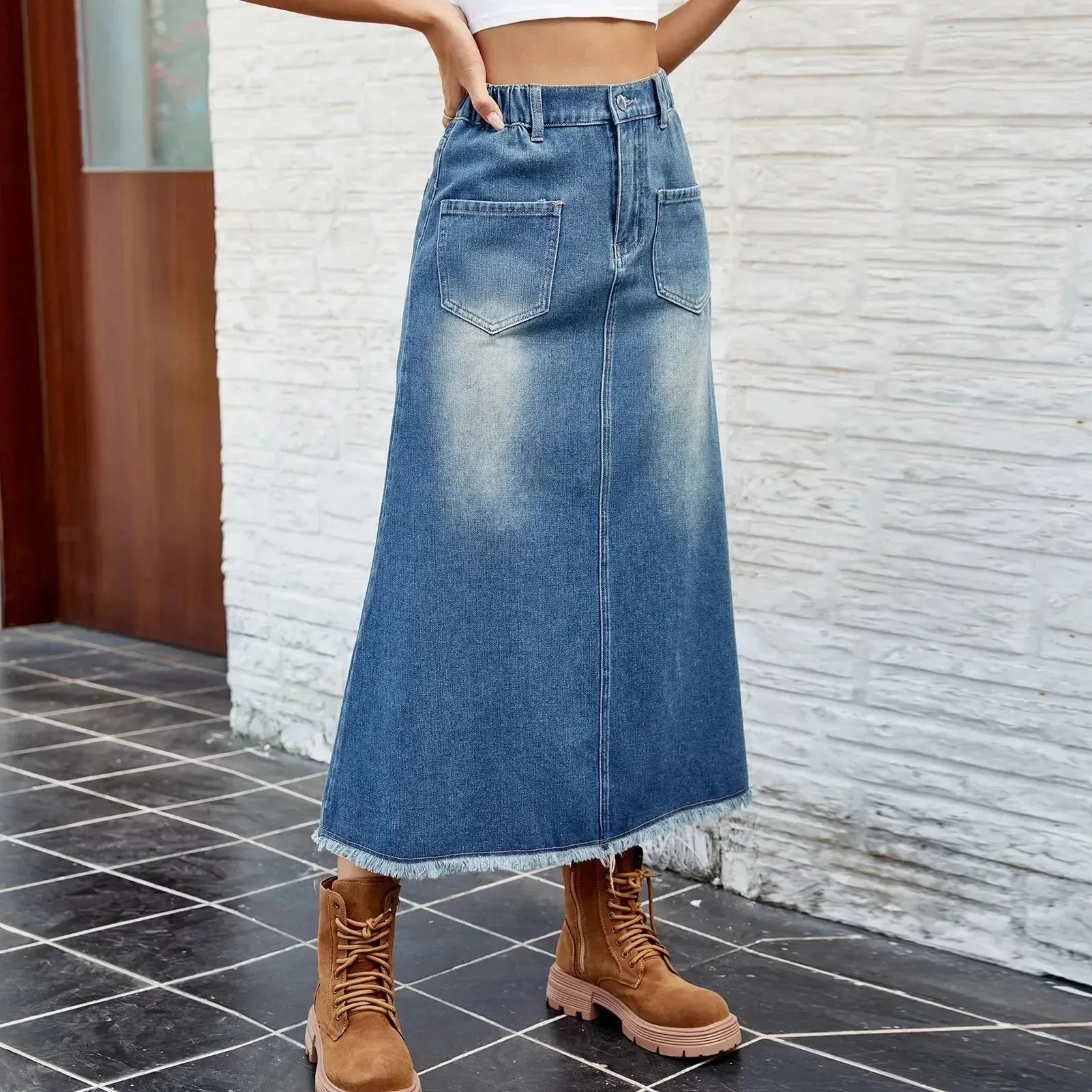 European And American Washed Frayed Hem Blue Denim Midi Skirt