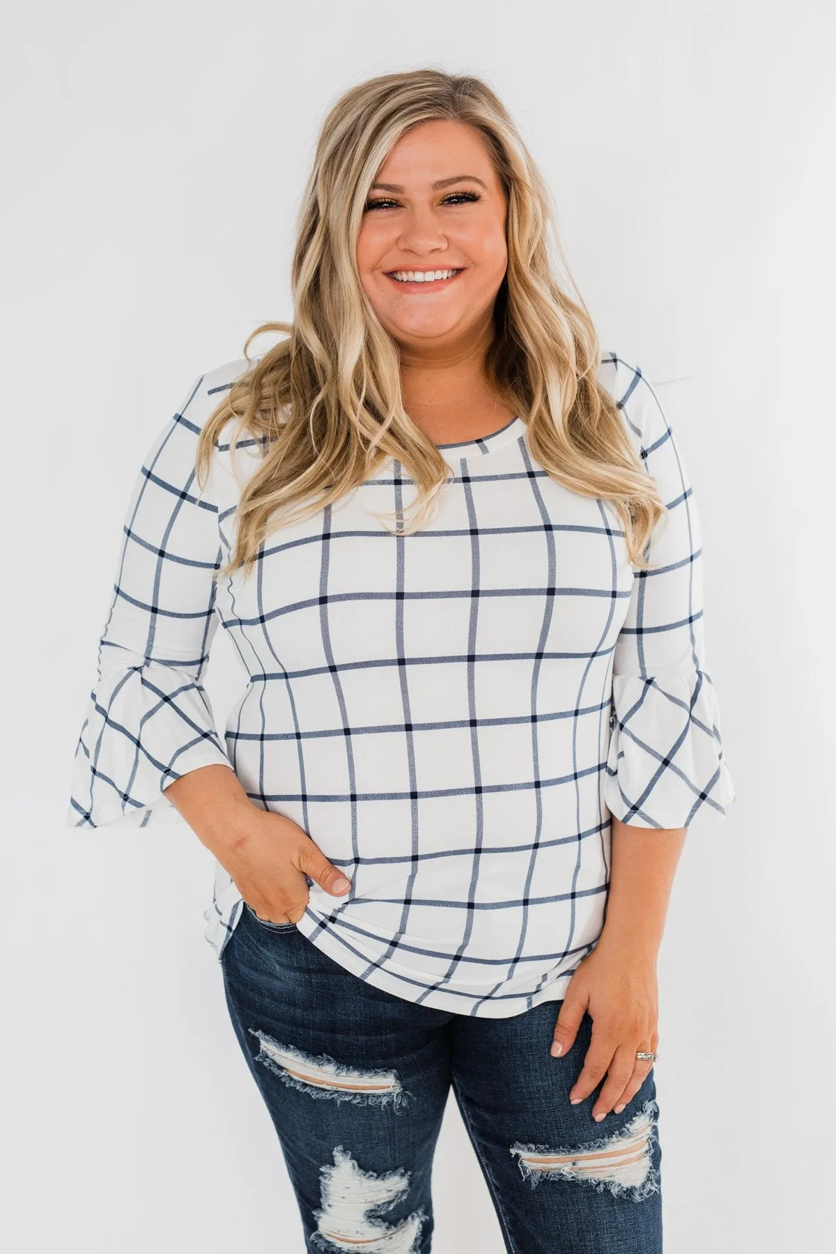 Everything I Need Plaid Top- Ivory & Blue