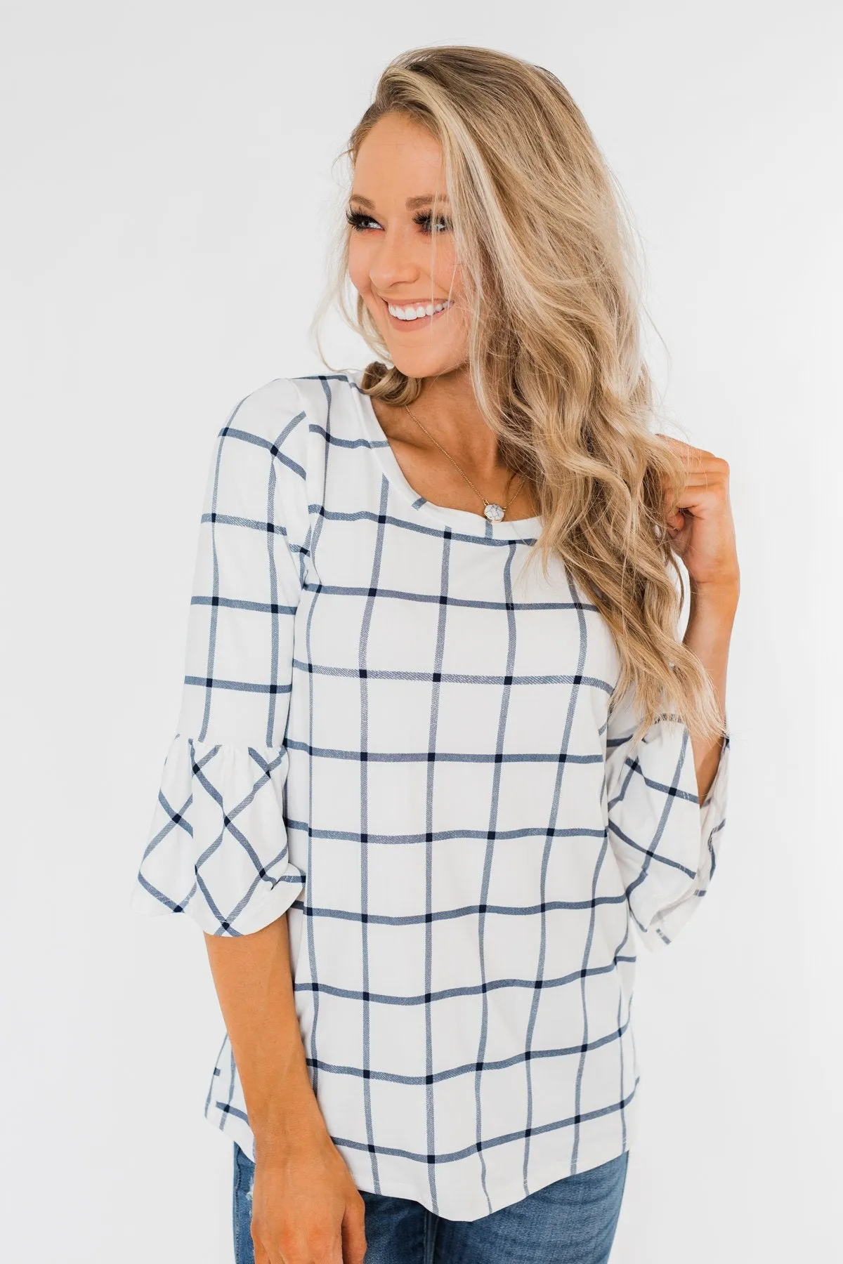 Everything I Need Plaid Top- Ivory & Blue
