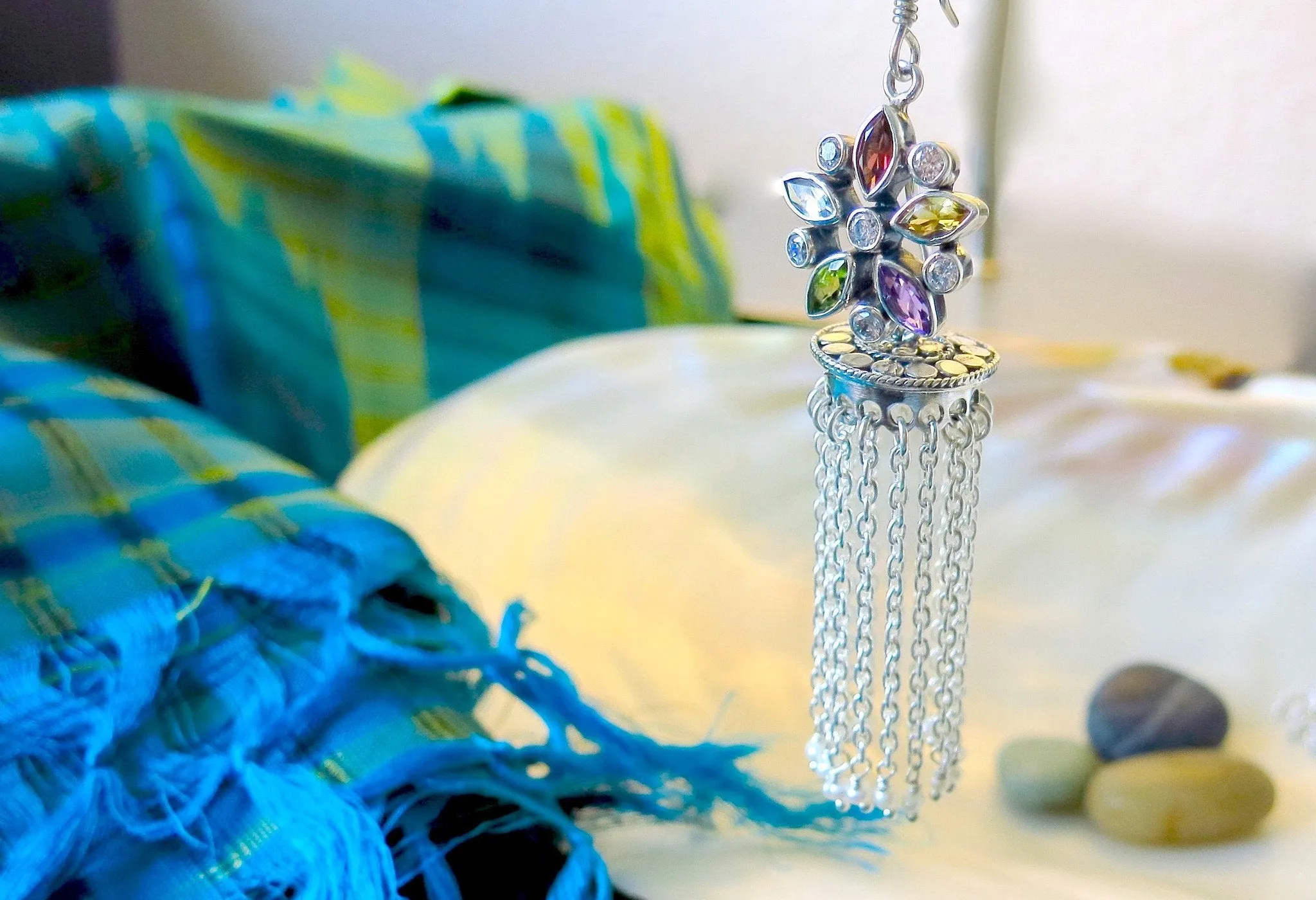 Exquisite, detachable, long tasseled jhumkas with multi-color gemstone tops