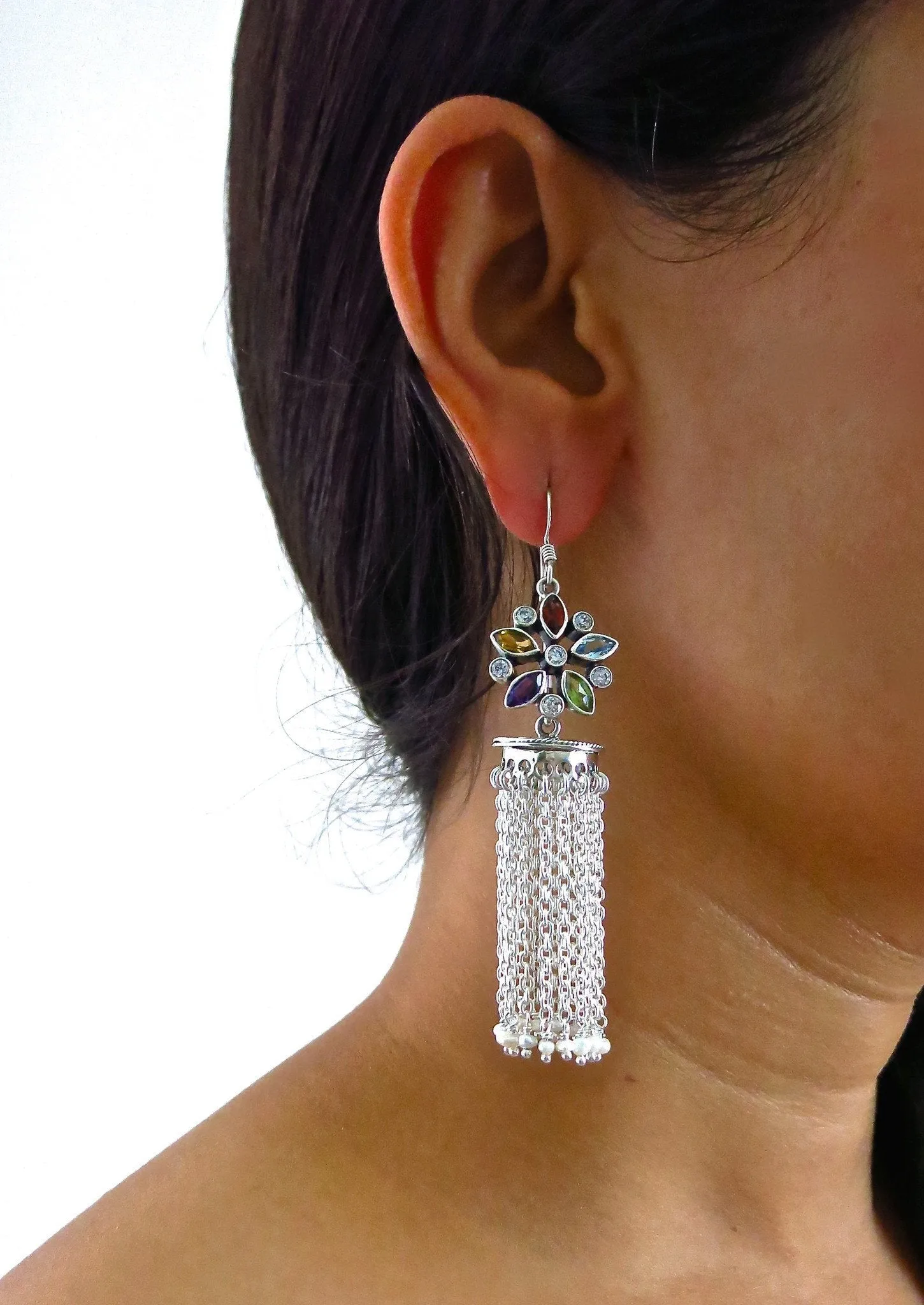 Exquisite, detachable, long tasseled jhumkas with multi-color gemstone tops