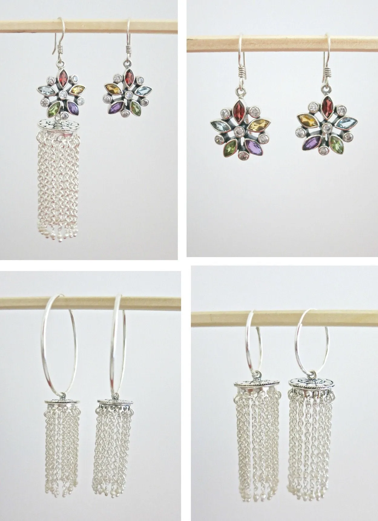 Exquisite, detachable, long tasseled jhumkas with multi-color gemstone tops