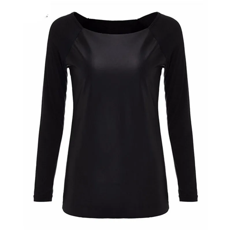 Fashion Casual Long Sleeve PU Leather Patchwork Women Blouses Contrast Color Slim Shirts
