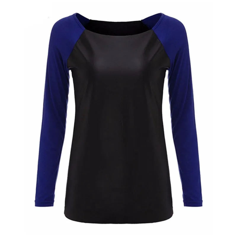 Fashion Casual Long Sleeve PU Leather Patchwork Women Blouses Contrast Color Slim Shirts