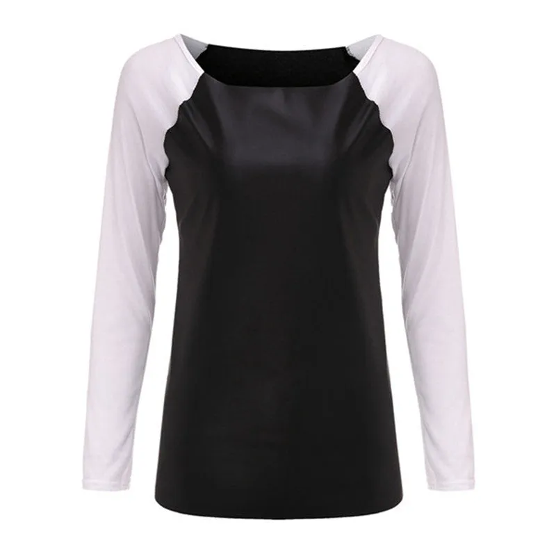 Fashion Casual Long Sleeve PU Leather Patchwork Women Blouses Contrast Color Slim Shirts