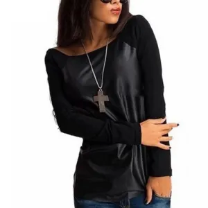 Fashion Casual Long Sleeve PU Leather Patchwork Women Blouses Contrast Color Slim Shirts