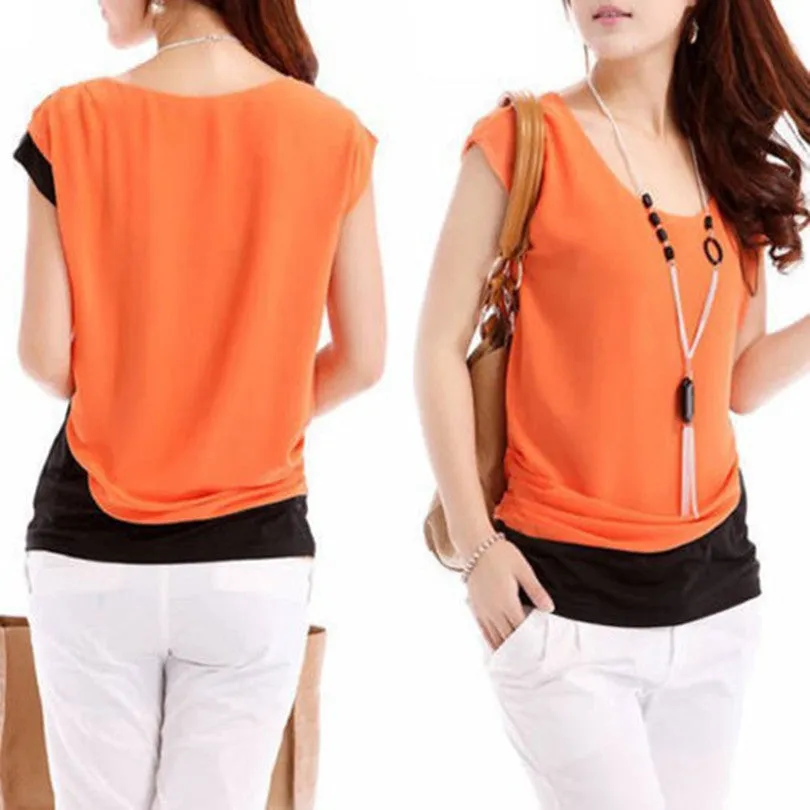 Fashion Chiffon Blouses Women Casual Patchwork Short Sleeve casual Shirt Tops