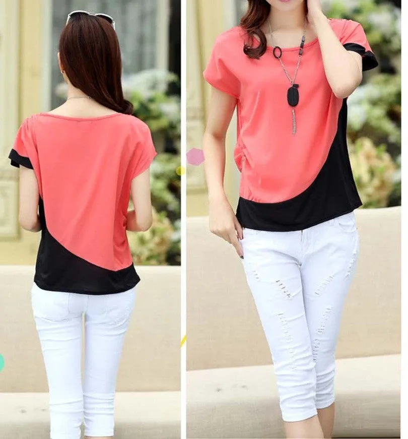 Fashion Chiffon Blouses Women Casual Patchwork Short Sleeve casual Shirt Tops