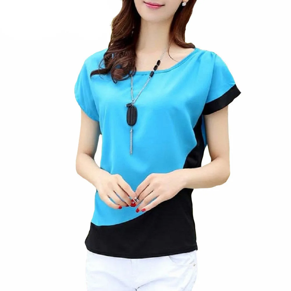 Fashion Chiffon Blouses Women Casual Patchwork Short Sleeve casual Shirt Tops