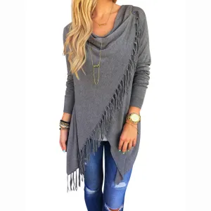 Fashion Design Dress Casual Women Long Sleeve Tassel Slash Blouse Tops Shirt Clothing