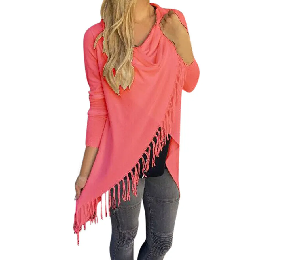 Fashion Design Dress Casual Women Long Sleeve Tassel Slash Blouse Tops Shirt Clothing