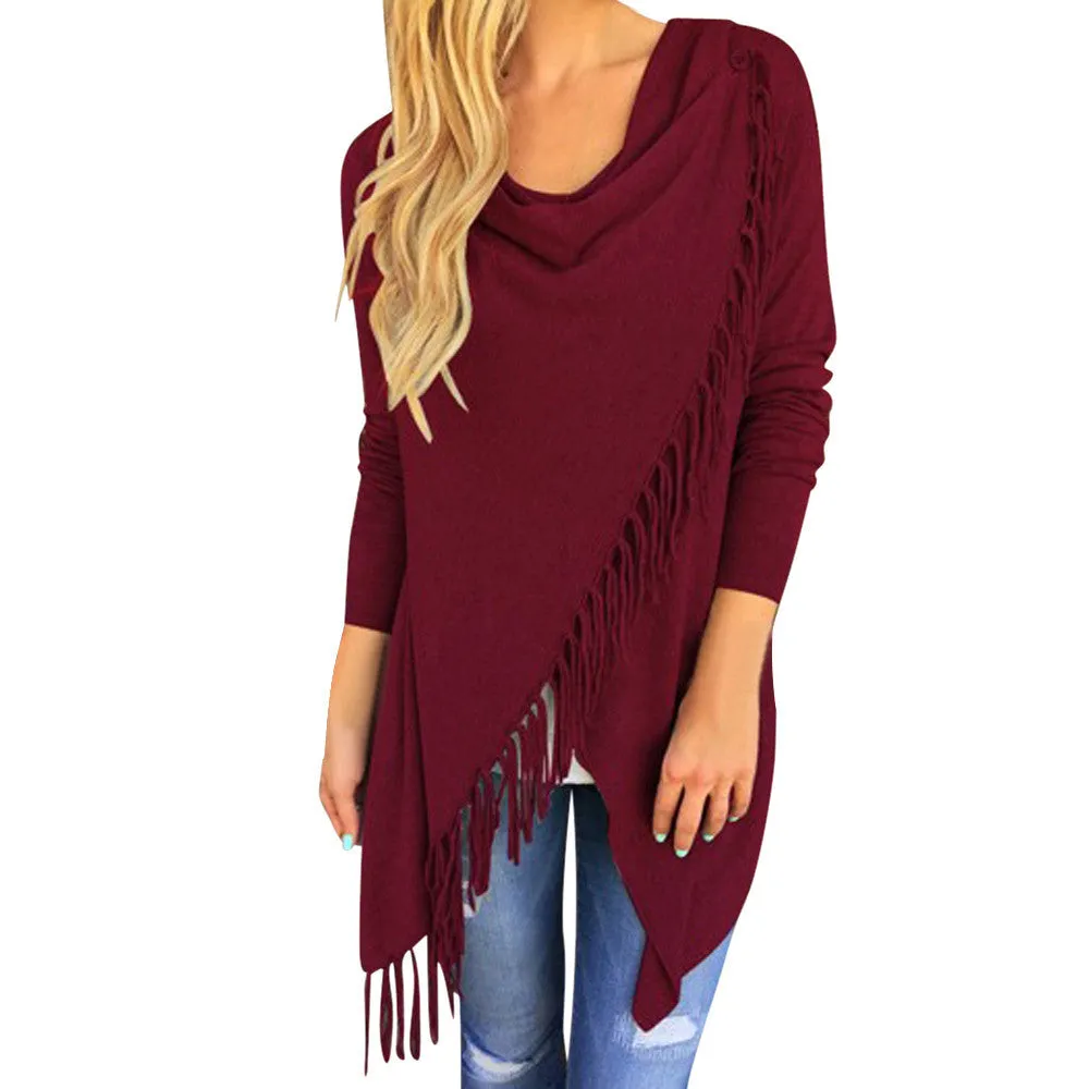 Fashion Design Dress Casual Women Long Sleeve Tassel Slash Blouse Tops Shirt Clothing