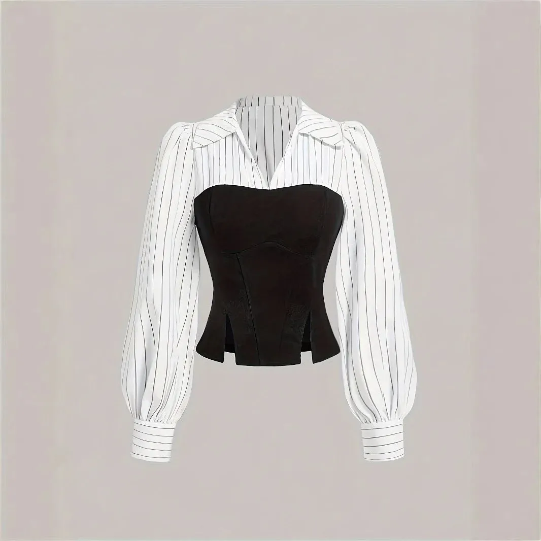 fashion Elegant Striped Print Patchwork Shirts Women Skinny Button Up Turn-down Collar Blouses Chic Casual Ladies Tops