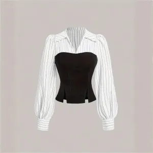 fashion Elegant Striped Print Patchwork Shirts Women Skinny Button Up Turn-down Collar Blouses Chic Casual Ladies Tops