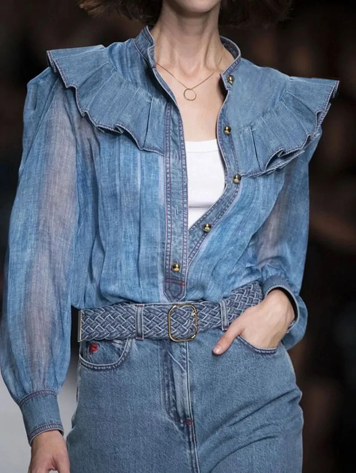Fashion Pleated Ruffles Shirt Women See Through Long Sleeves Patchwork Design Single-breasted Tops 2024 Spring New Clothing