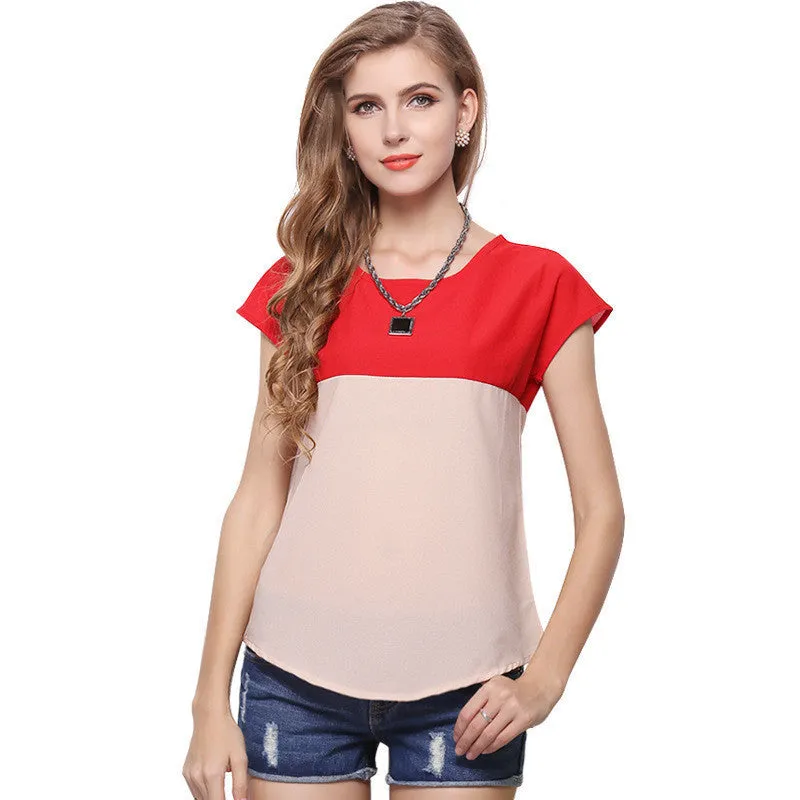 Fashion Women Clothing Plus Size Women Blouses Patchwork Short Sleeve Chiffon Woman Blouse Tops Shirt