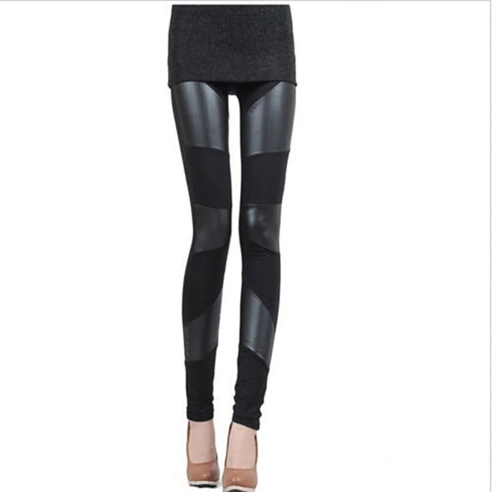 Fashion Womens Faux Leather Patchwork Black Leggings Pants Slim Trousers Pants