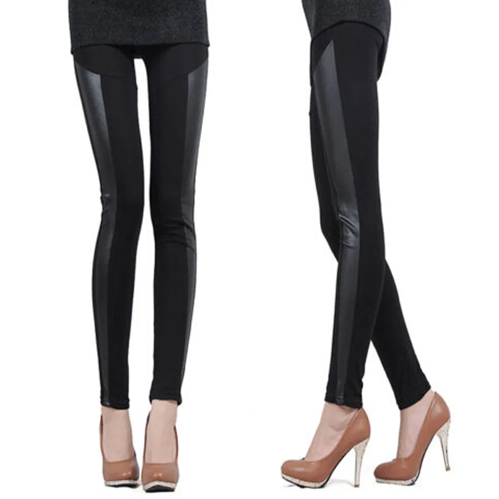 Fashion Womens Faux Leather Patchwork Black Leggings Pants Slim Trousers Pants