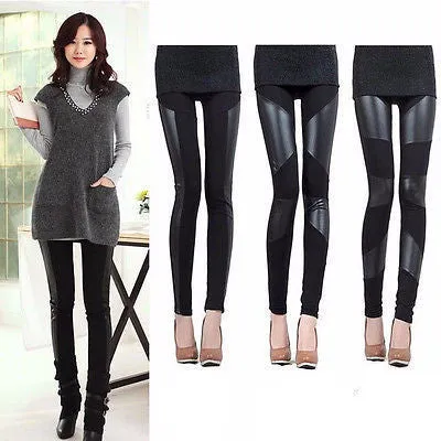 Fashion Womens Faux Leather Patchwork Black Leggings Pants Slim Trousers Pants
