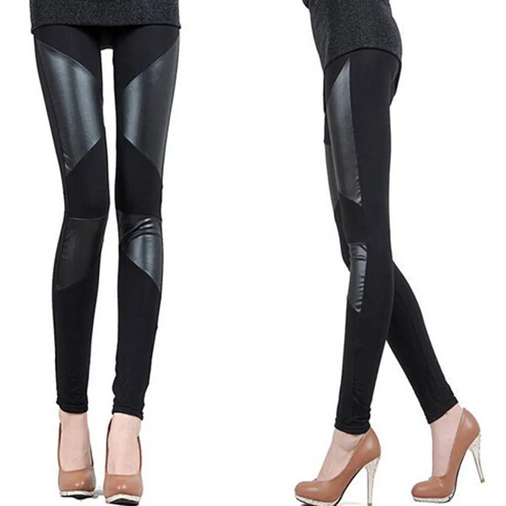 Fashion Womens Faux Leather Patchwork Black Leggings Pants Slim Trousers Pants