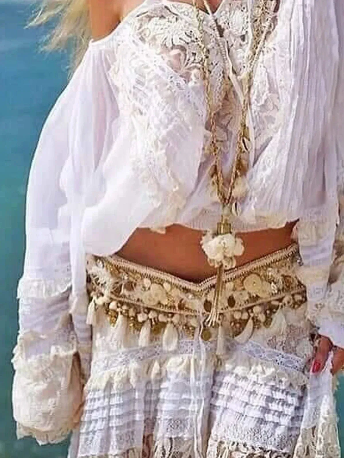 Fashionable Women's Bohemian Style Lace Patchwork Tie Long Sleeve Shirt 2024 Summer Camisa Cuello Peter Pan Mujer