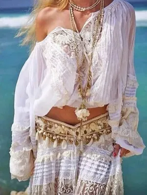 Fashionable Women's Bohemian Style Lace Patchwork Tie Long Sleeve Shirt 2024 Summer Camisa Cuello Peter Pan Mujer