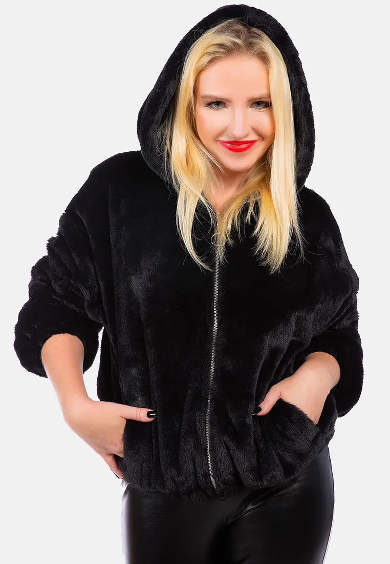 Faux Fur Long Sleeve Hoodie Jacket