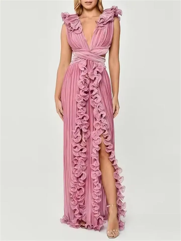 Female Deep V Neck Waist Cutout Lace-Up Split Dresses