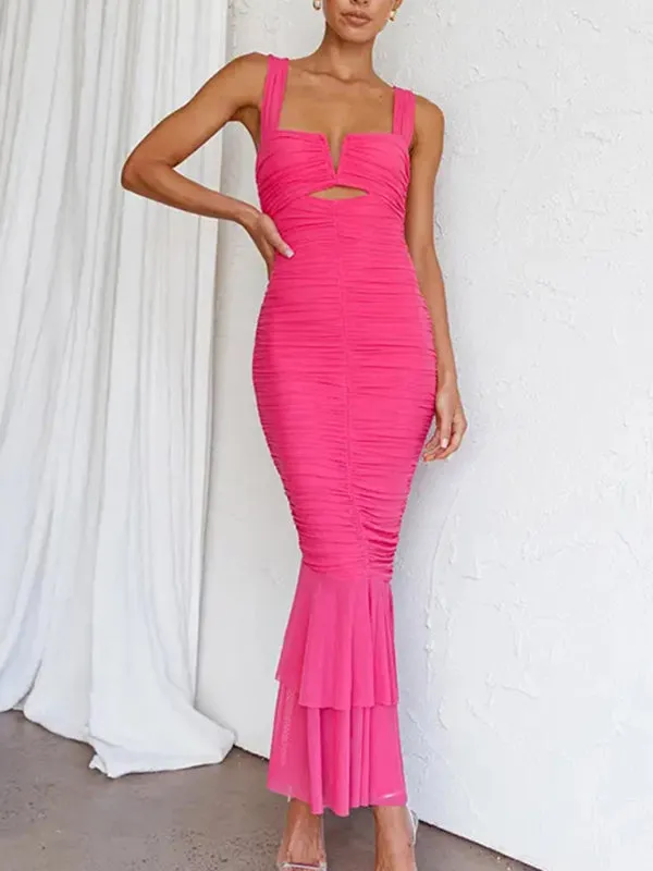 Fishtail Dress with Pleated Design and V-Neck Cutout