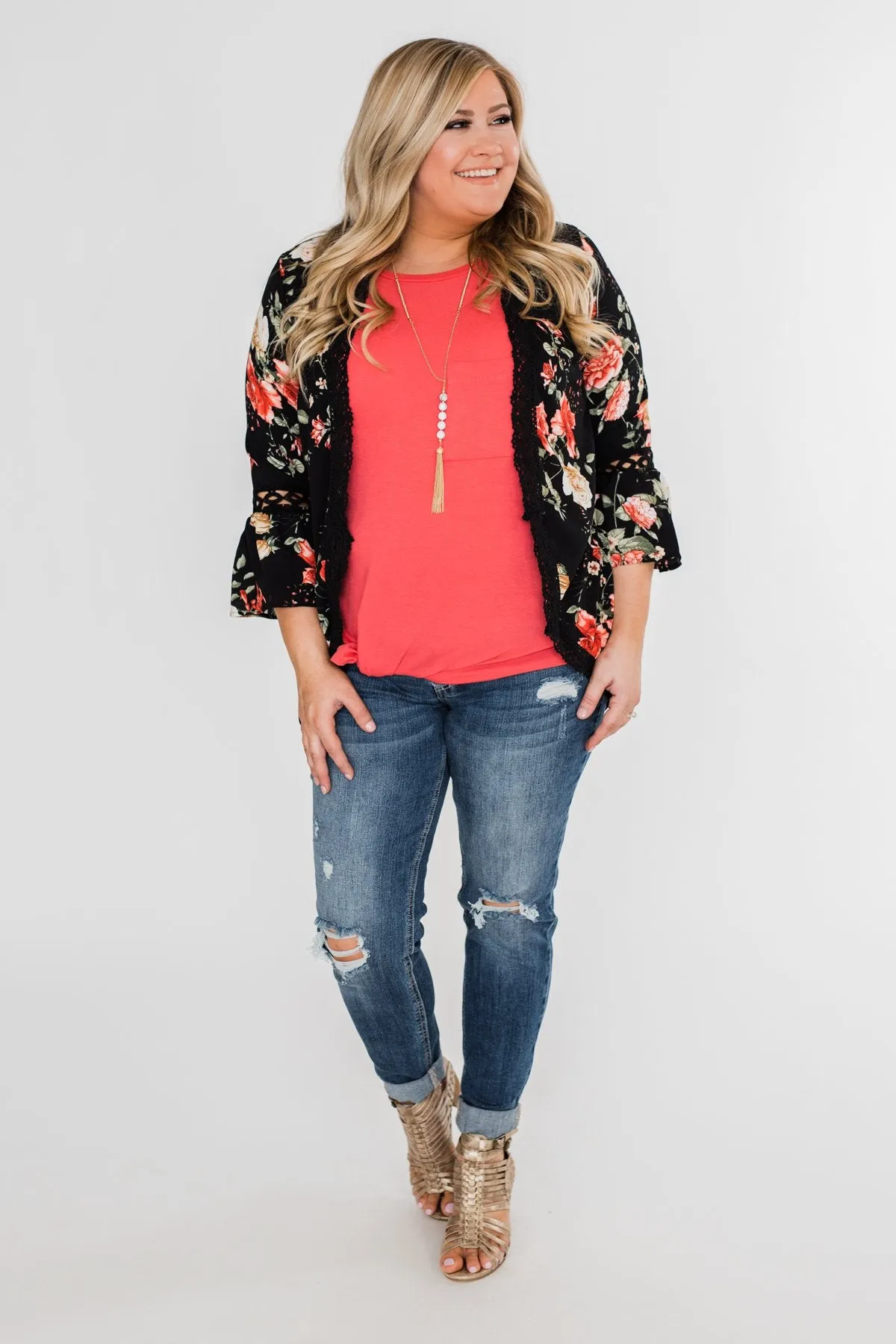 Floral Bell Sleeve & Lace Trim Kimono- Black