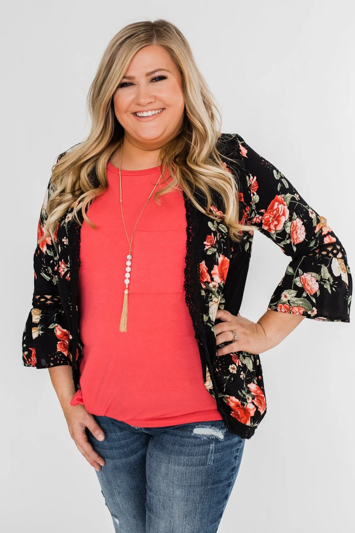 Floral Bell Sleeve & Lace Trim Kimono- Black