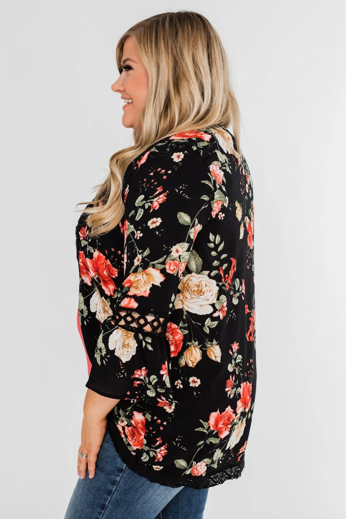 Floral Bell Sleeve & Lace Trim Kimono- Black