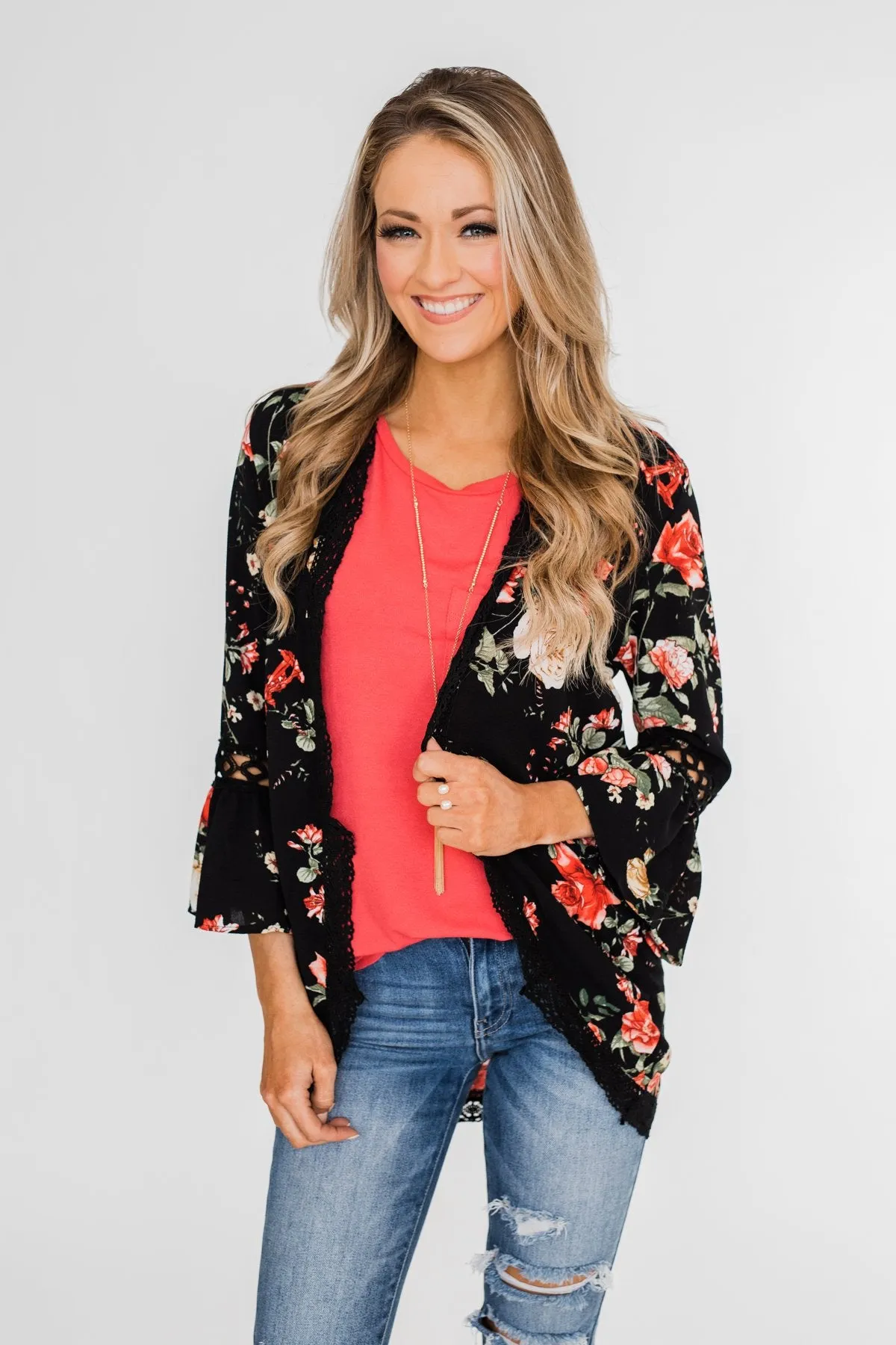 Floral Bell Sleeve & Lace Trim Kimono- Black