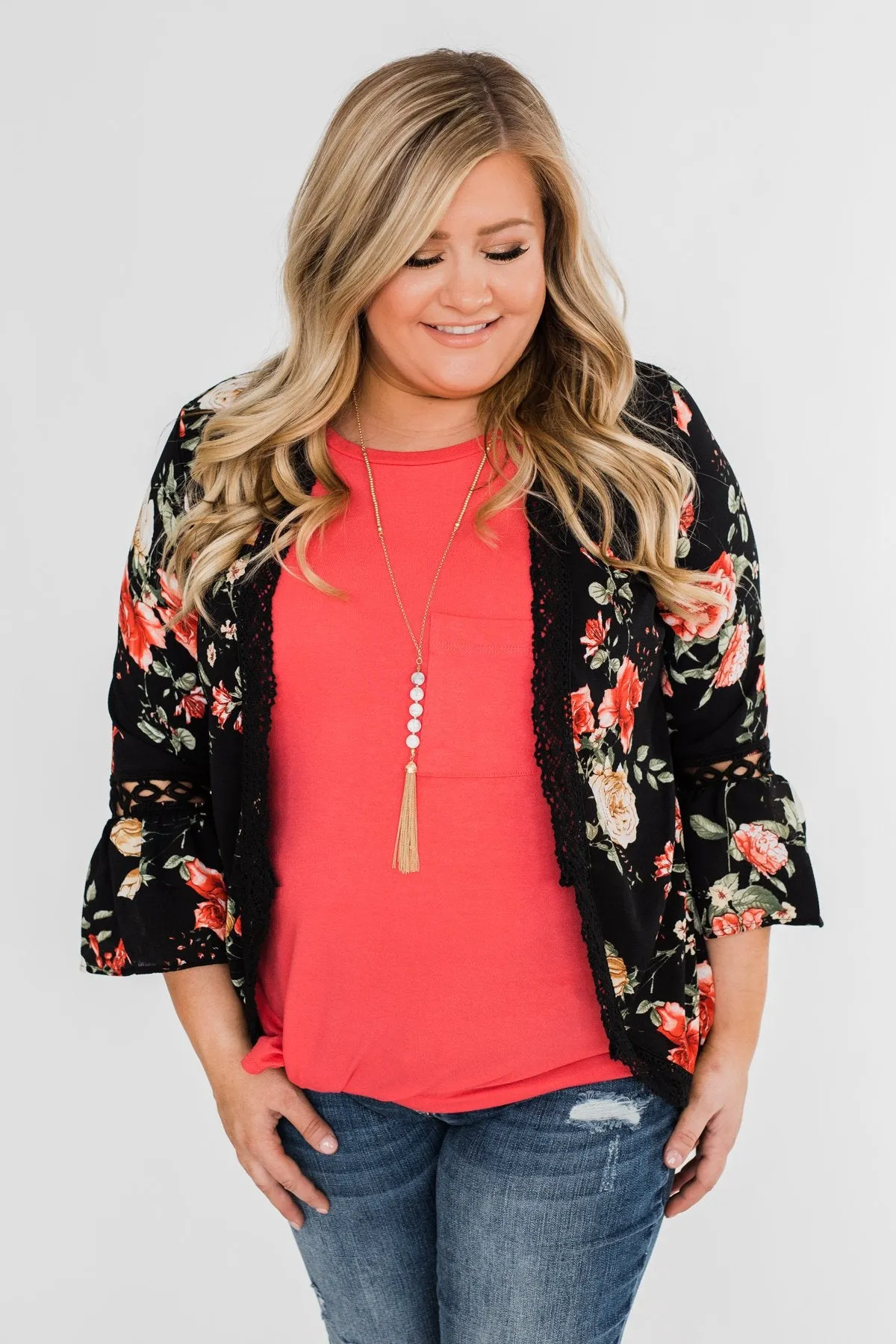 Floral Bell Sleeve & Lace Trim Kimono- Black
