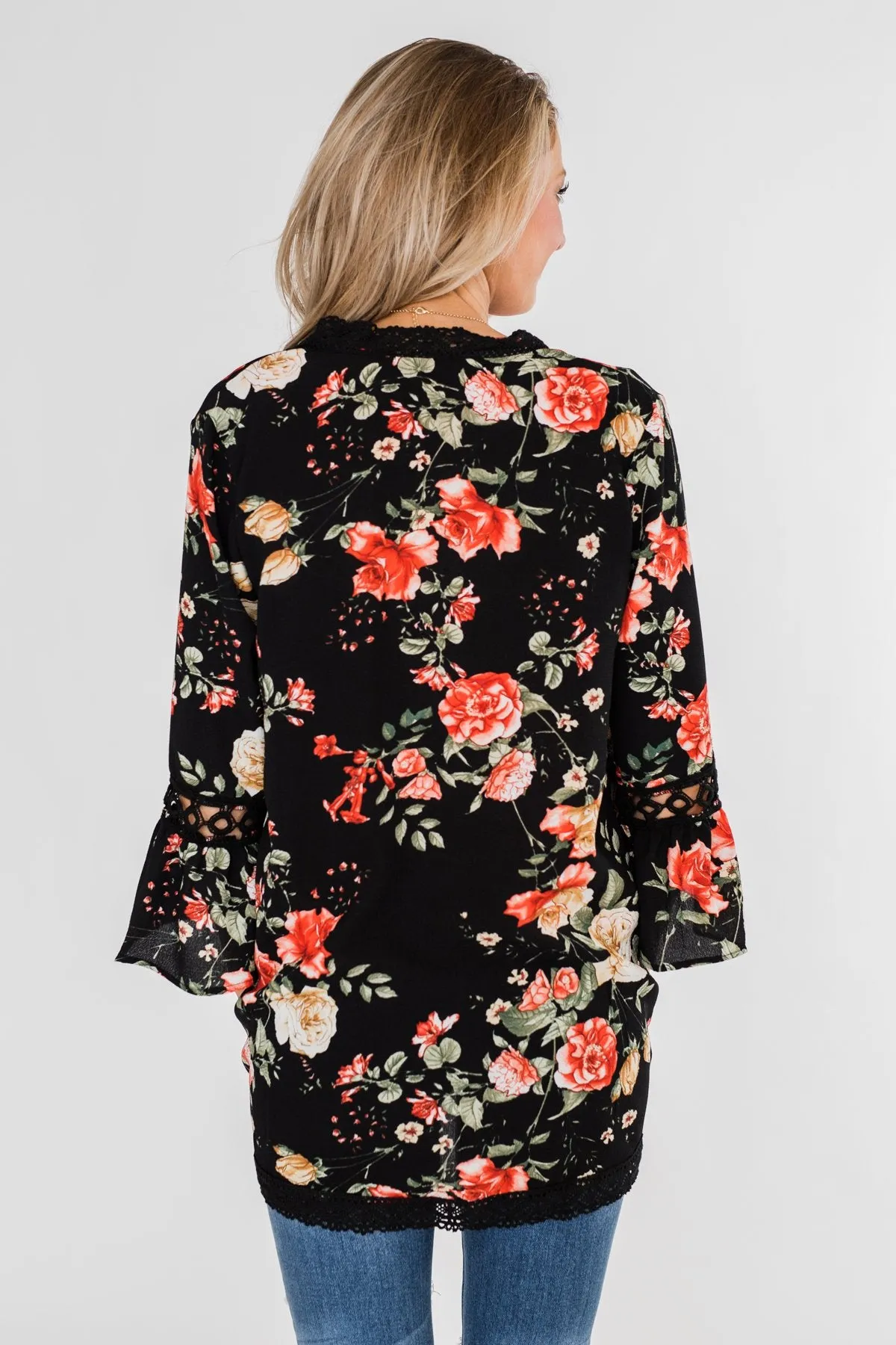 Floral Bell Sleeve & Lace Trim Kimono- Black