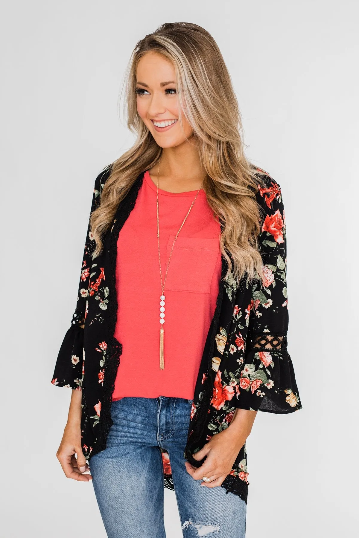Floral Bell Sleeve & Lace Trim Kimono- Black