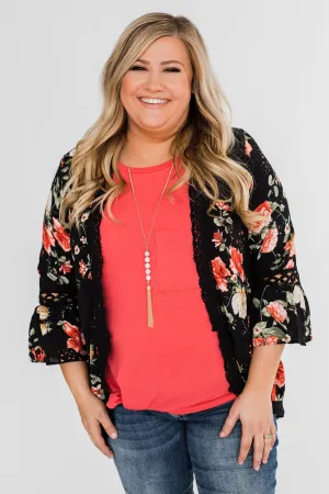 Floral Bell Sleeve & Lace Trim Kimono- Black