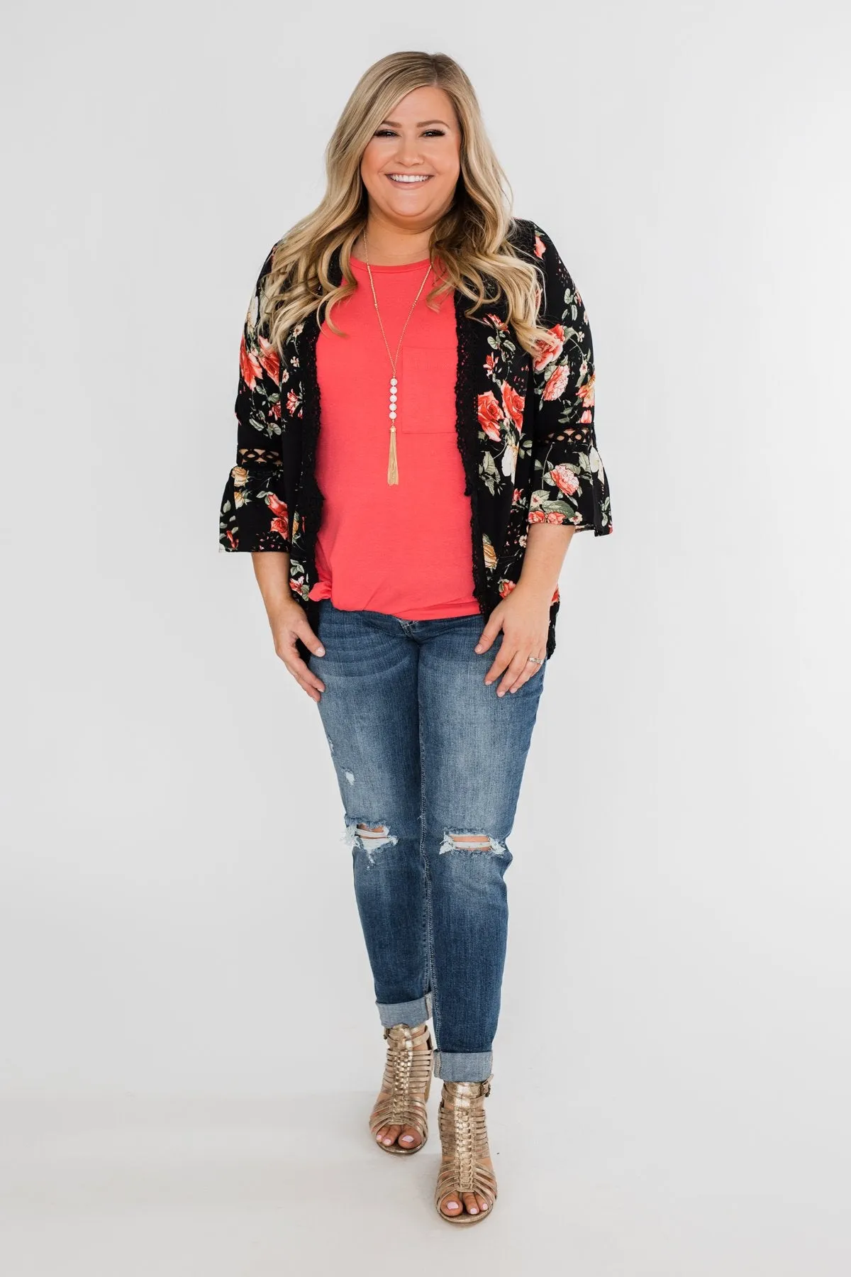 Floral Bell Sleeve & Lace Trim Kimono- Black