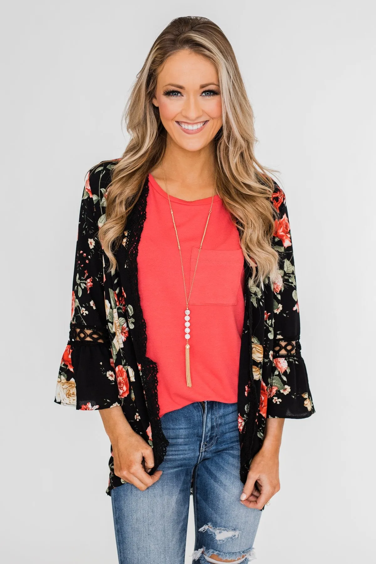 Floral Bell Sleeve & Lace Trim Kimono- Black