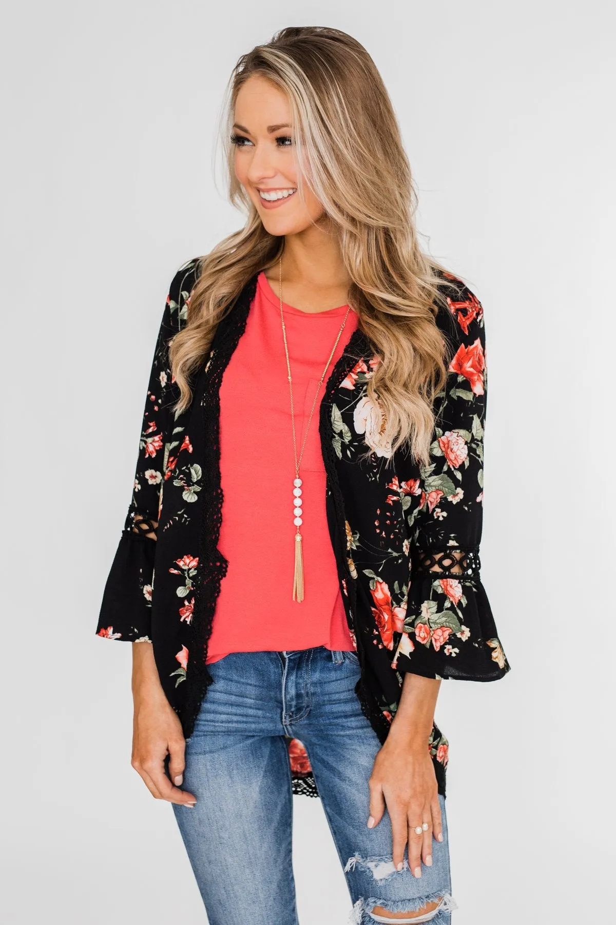 Floral Bell Sleeve & Lace Trim Kimono- Black