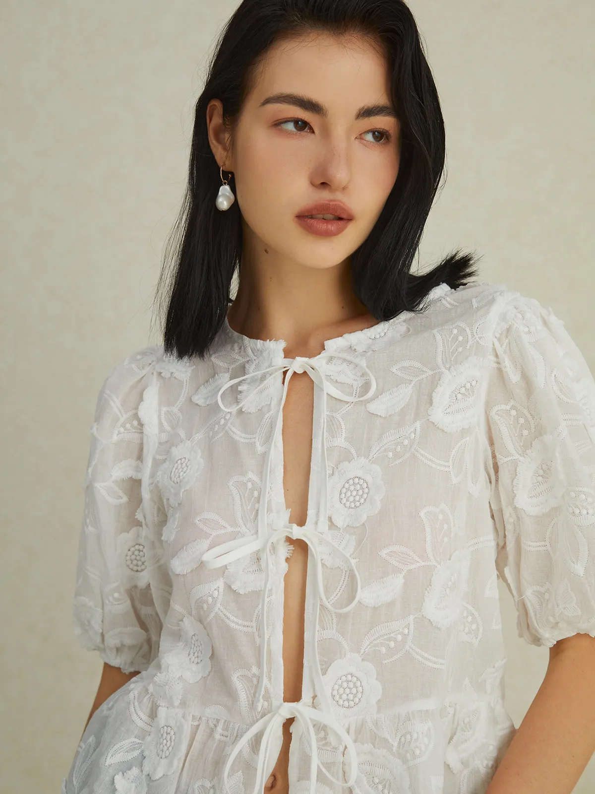 Floral Knotted Puff Sleeve Blouse