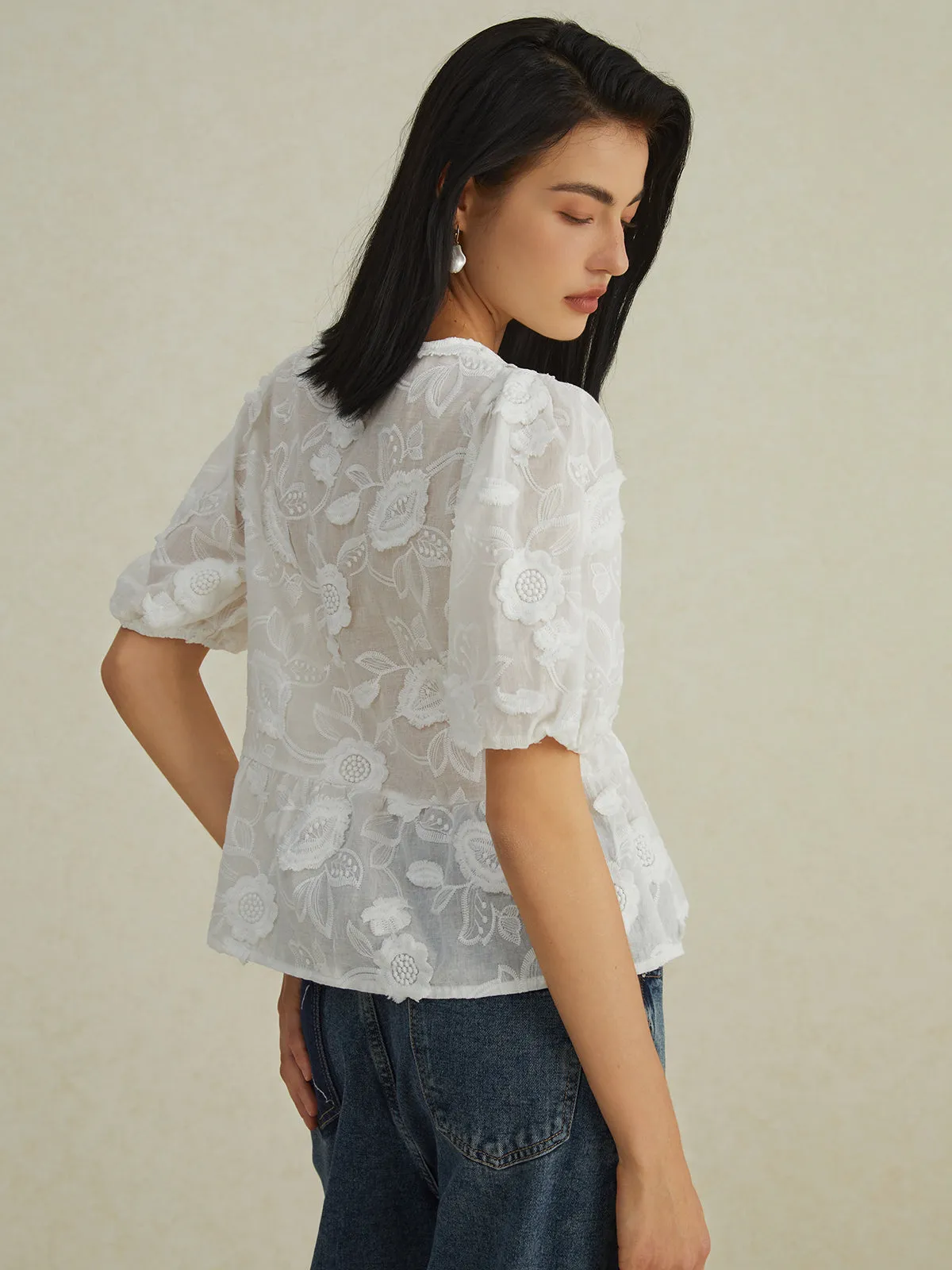 Floral Knotted Puff Sleeve Blouse