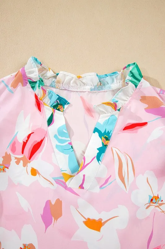 Floral Patchwork Frill Notched Neck Ruffle Blouse