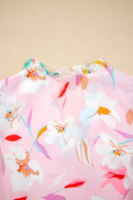 Floral Patchwork Frill Notched Neck Ruffle Blouse