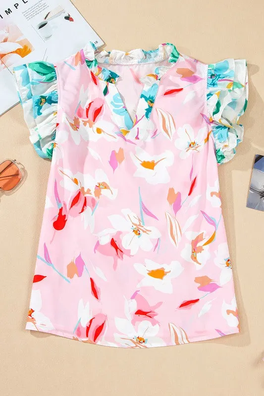 Floral Patchwork Frill Notched Neck Ruffle Blouse